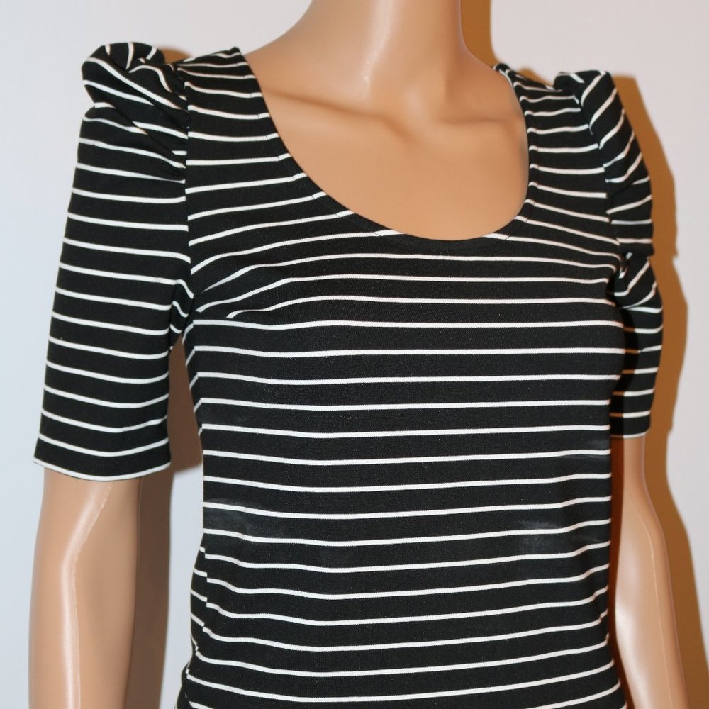 Torn by Ronny Kobo Black White Stripe Puff Sleeve